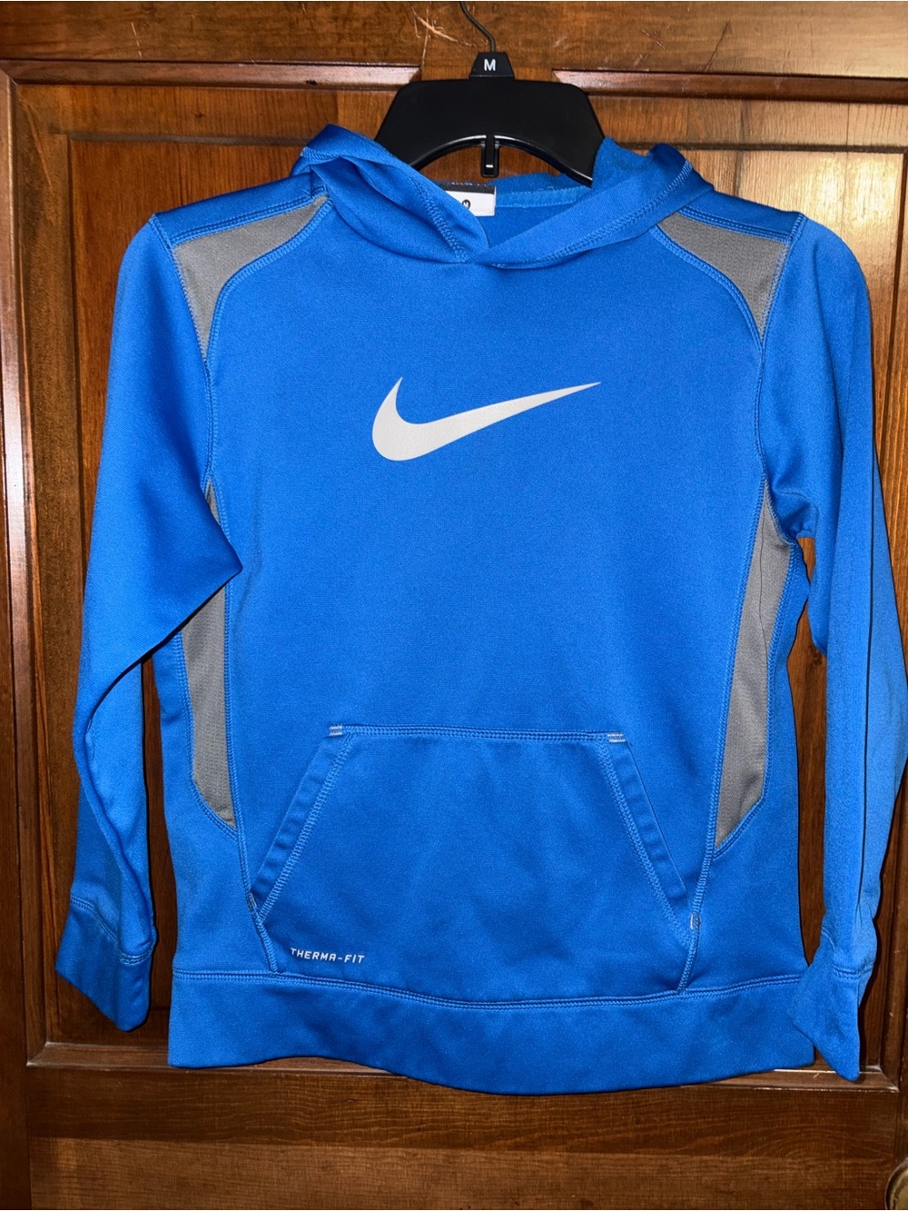 Kids Nike Therma Fit Blue Hoodie with Gray Panels and White Swoosh